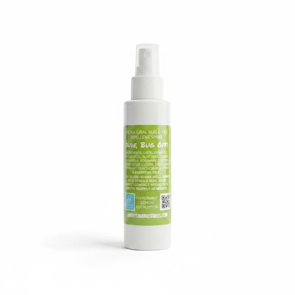 Harry’s Mama’s Faves: Lotions & Potions Dude Bug Off natural repellent spray in a white bottle with a green label.