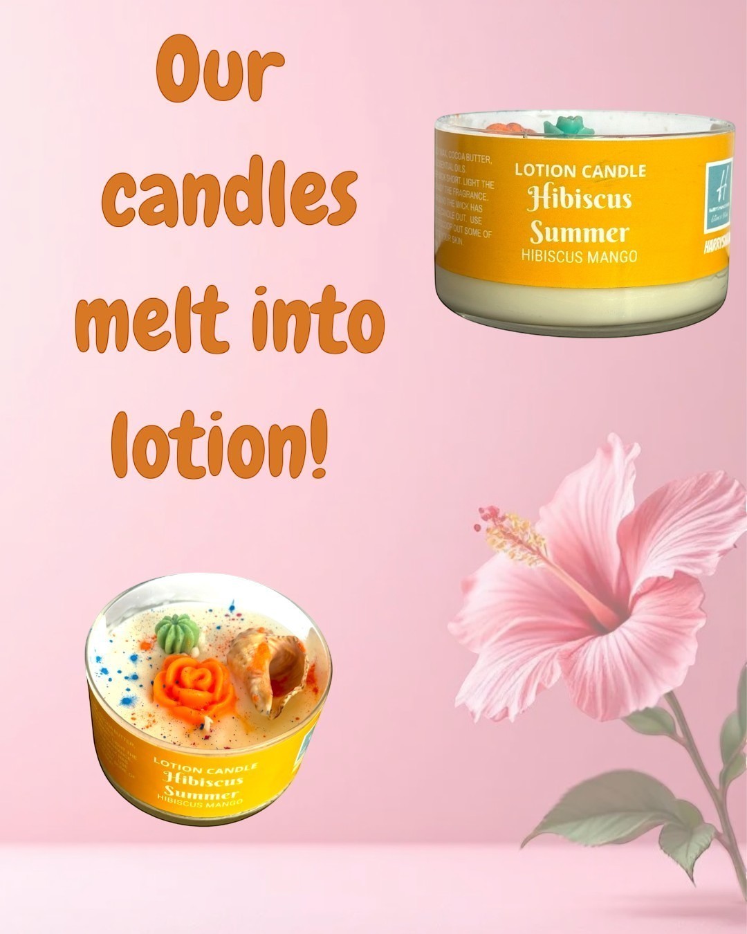 Harry’s Mama’s Faves: Lotions & Potions Hibiscus Summer lotion candle in a glass jar with a yellow label, melts into lotion.
