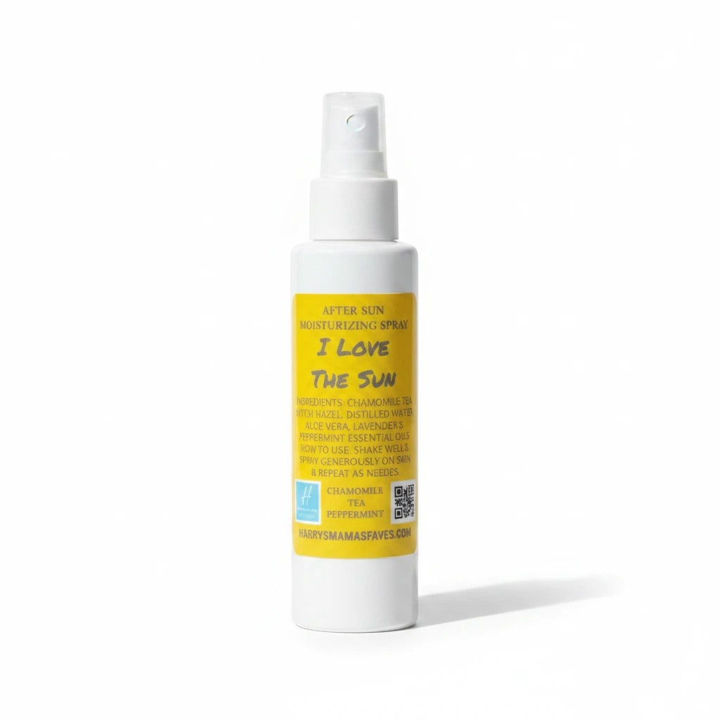 Harry’s Mama’s Faves: Lotions & Potions I Love The Sun after sun moisturizing spray in a white bottle with yellow label