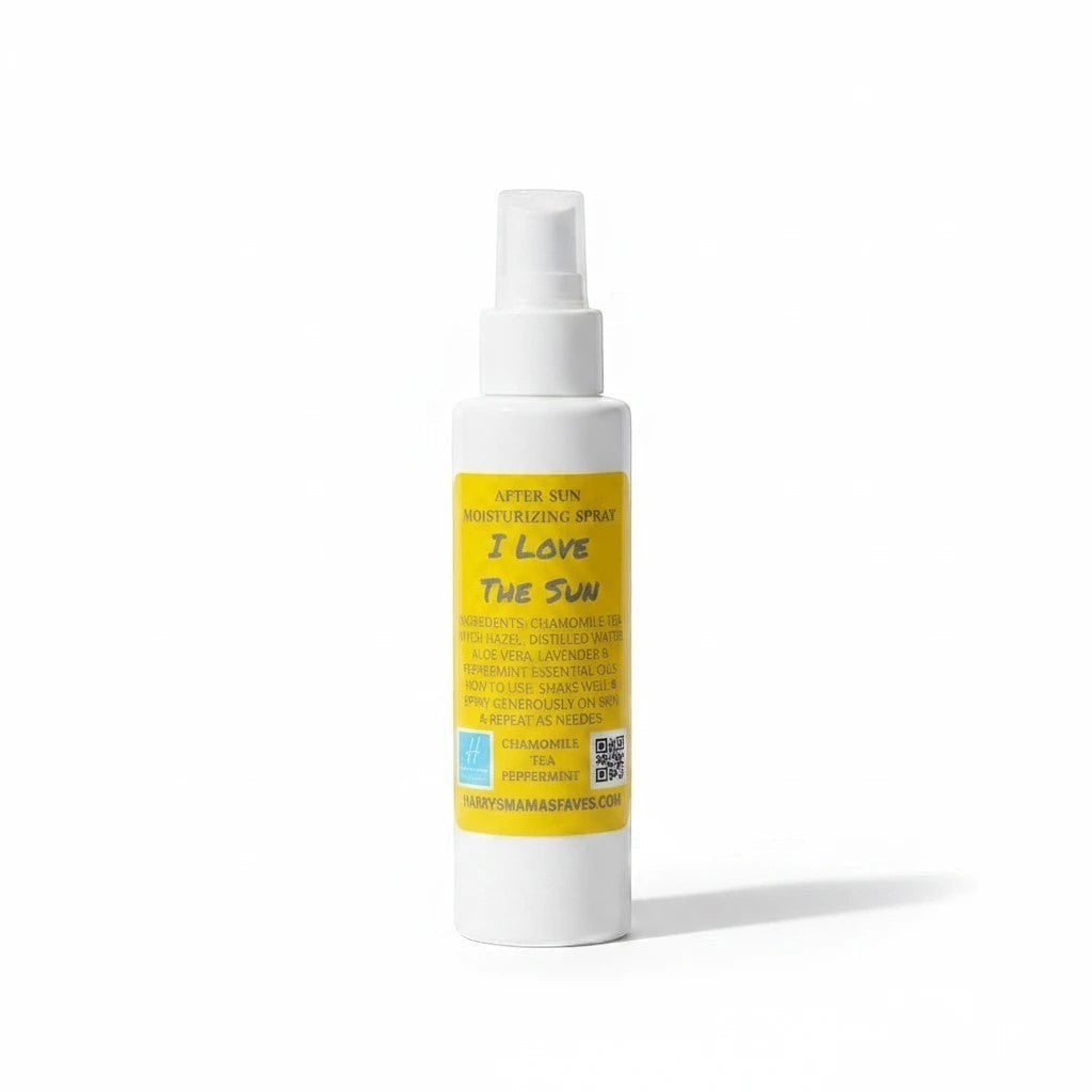 Harry’s Mama’s Faves: Lotions & Potions after sun moisturizer spray in a 4 oz bottle with yellow label