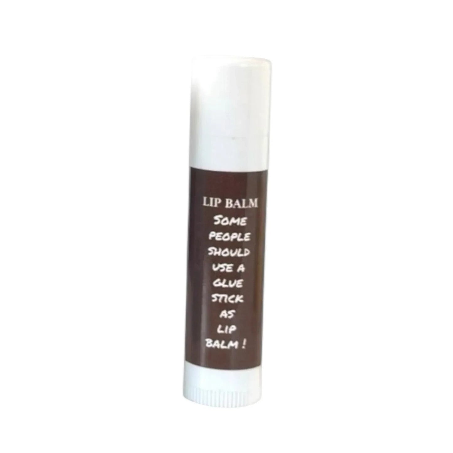Harry’s Mama’s Faves: Lotions & Potions brown lip balm tube with humorous text about using glue sticks