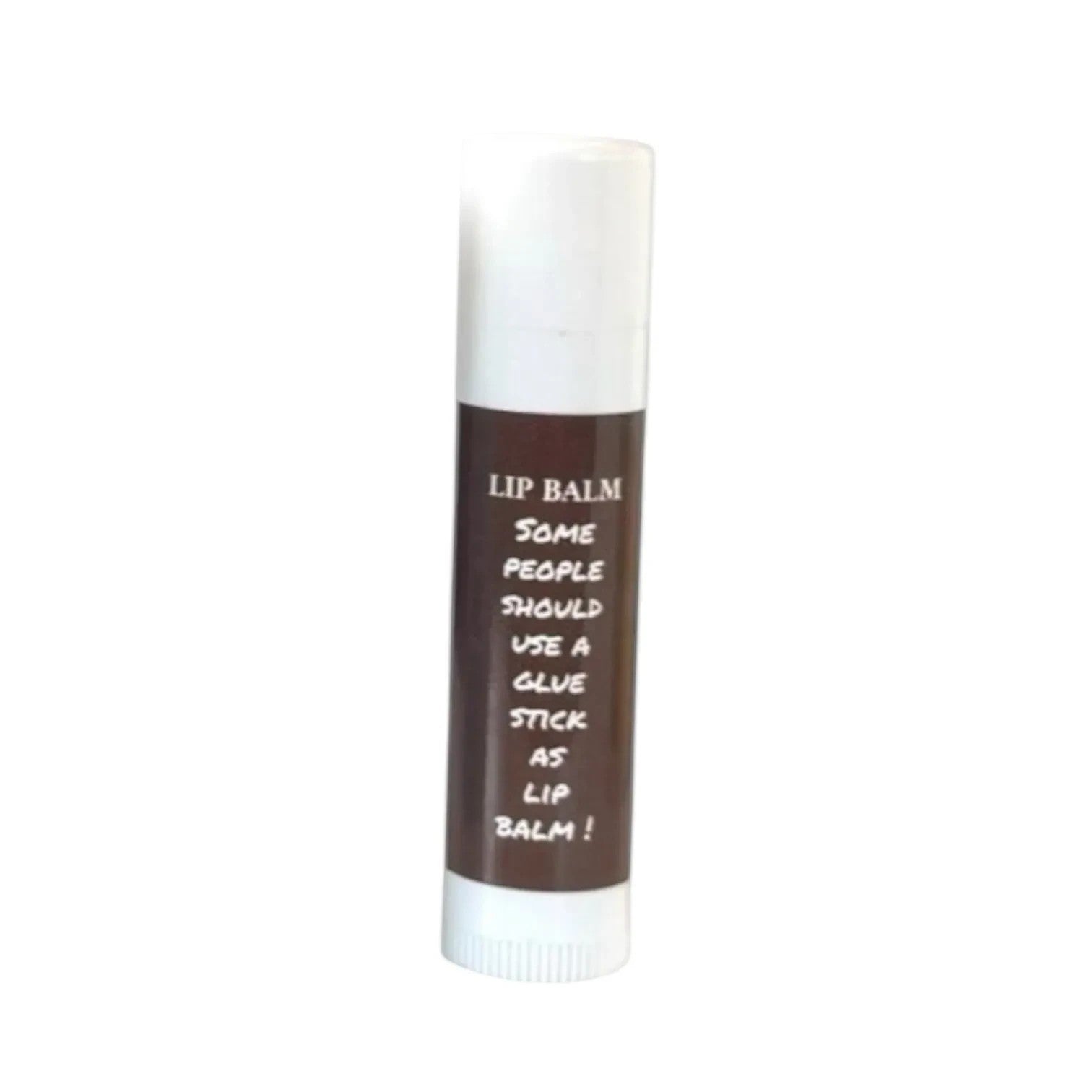 Harry’s Mama’s Faves: Lotions & Potions brown lip balm tube with humorous text about using glue sticks