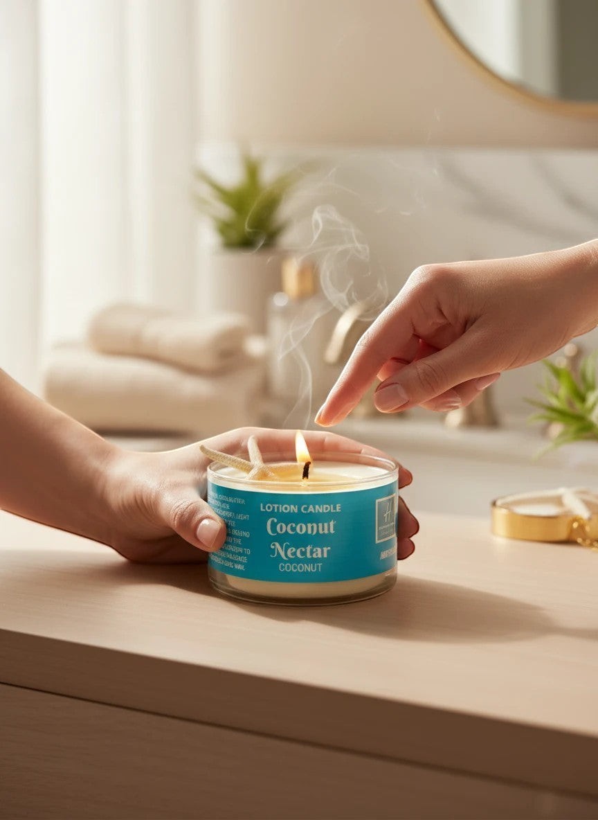 Harry’s Mama’s Faves: Lotions & Potions Coconut Nectar lotion candle with starfish wax embed being touched by a hand.