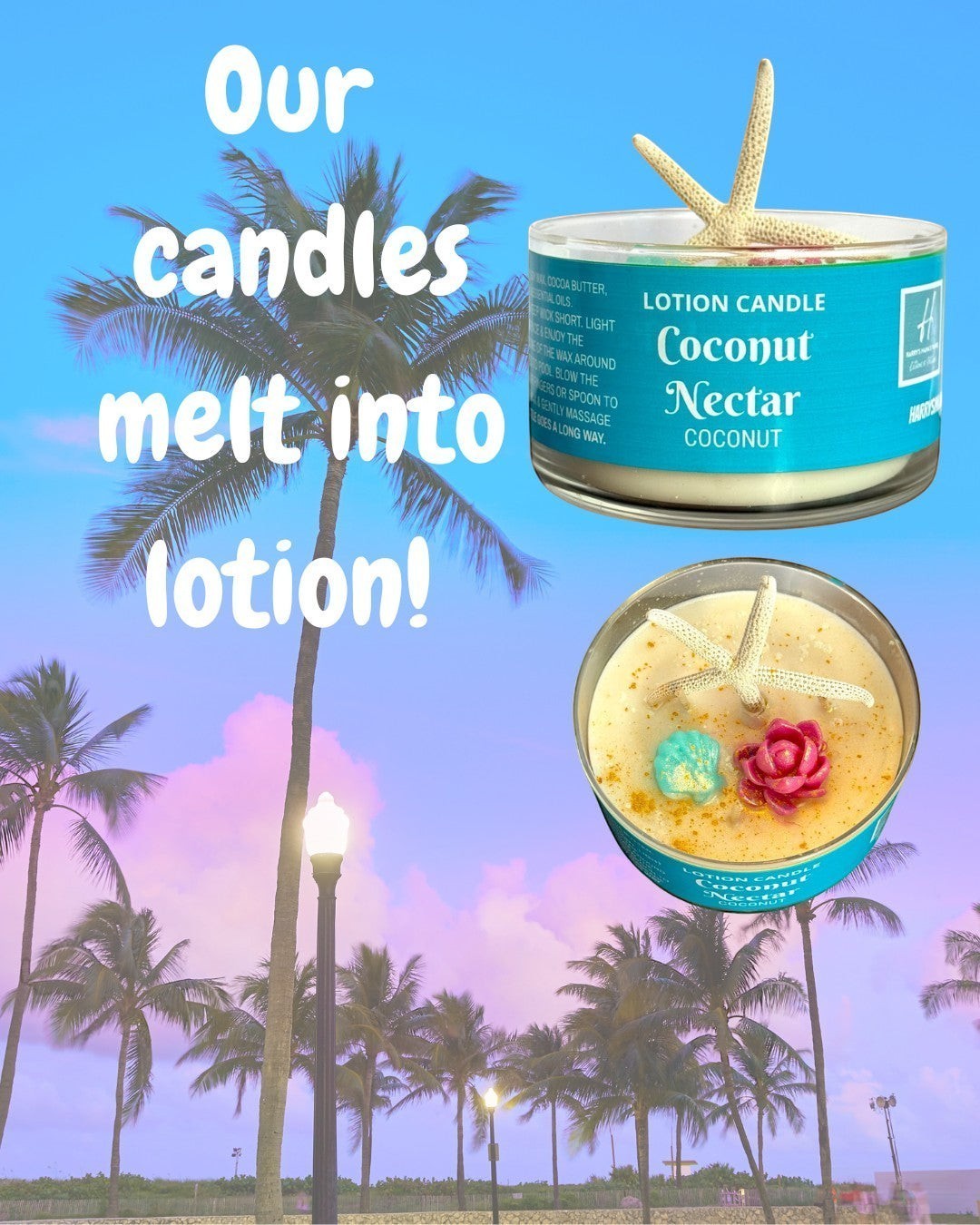 Harry’s Mama’s Faves: Lotions & Potions Coconut Nectar lotion candle with starfish, shell, and flower wax embeds.