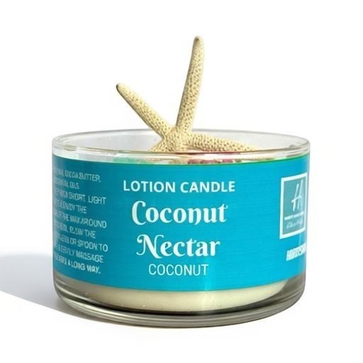 Harry’s Mama’s Faves: Lotions & Potions Coconut Nectar lotion candle in a glass jar with a decorative starfish wax embed.