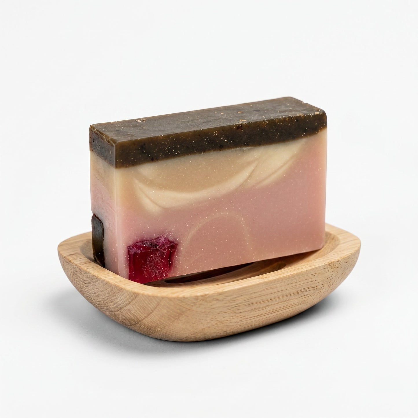 Harry’s Mama’s Faves: Lotions & Potions handmade figs and sugar bar soap with pink and brown layers on a wooden dish
