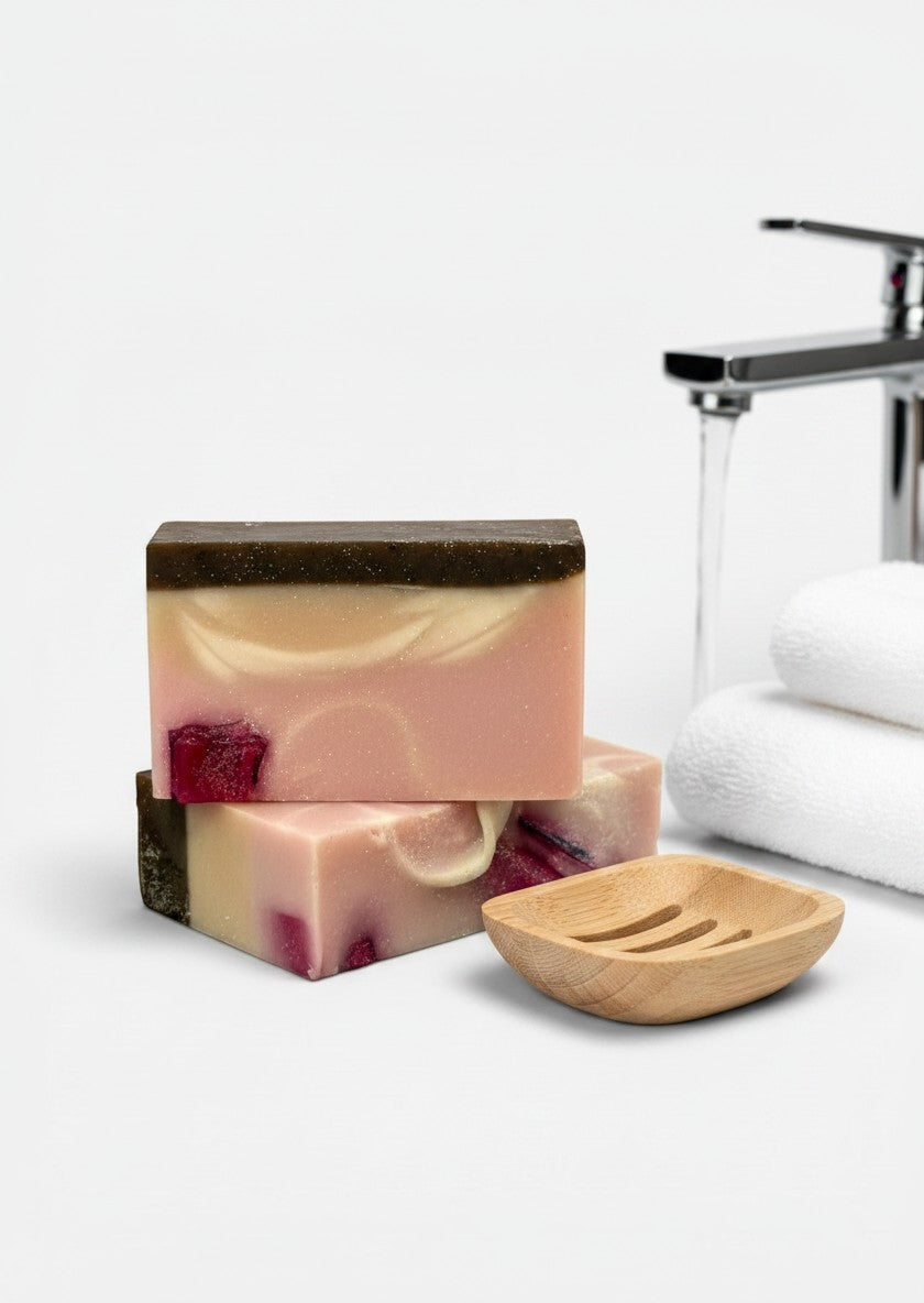 Harry’s Mama’s Faves: Lotions & Potions handmade artisan bar soap with pink and brown layers and fruit inclusions