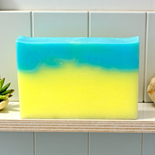 Harry’s Mama’s Faves: Lotions & Potions Hawaiian Coconut artisan handmade bar soap with blue and yellow layers
