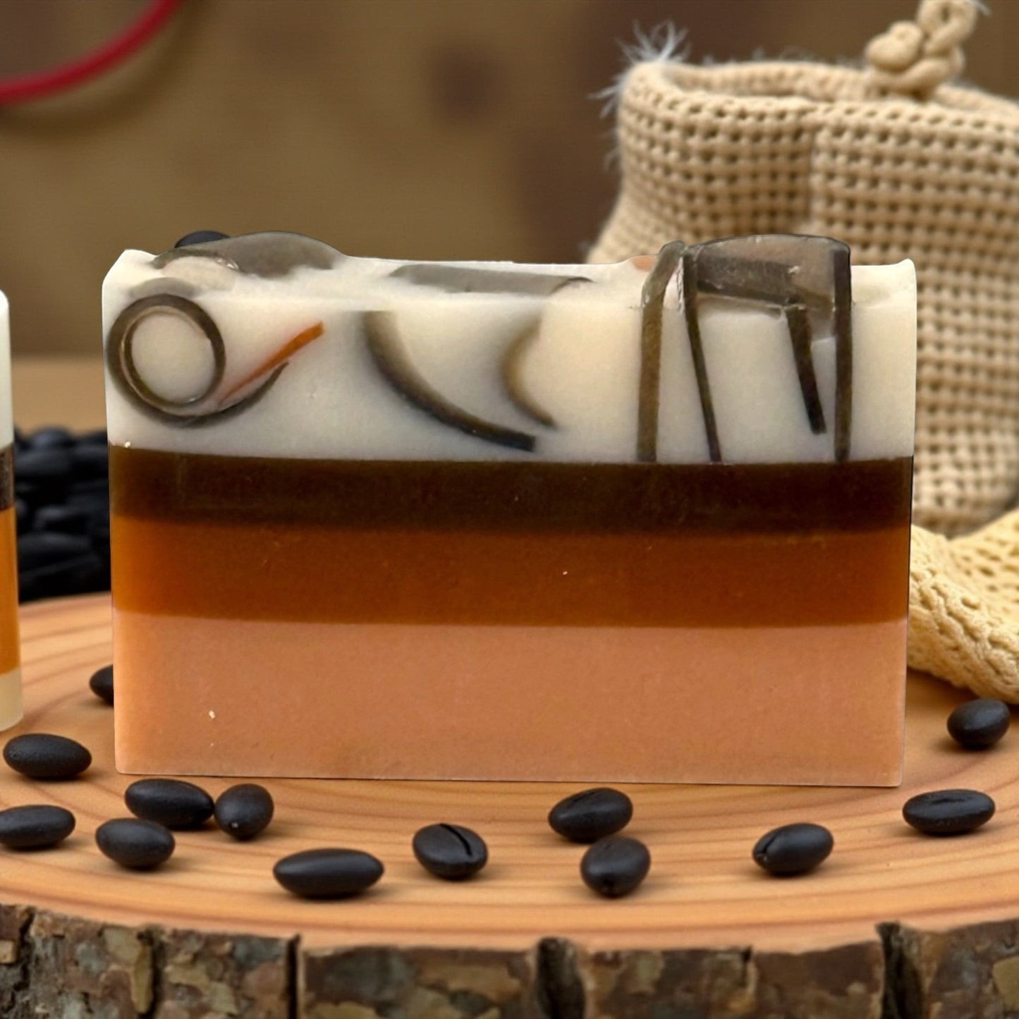 Harry’s Mama’s Faves: Lotions & Potions Hawaiian Coconut artisan handmade bar soap with layered colors and coffee beans.