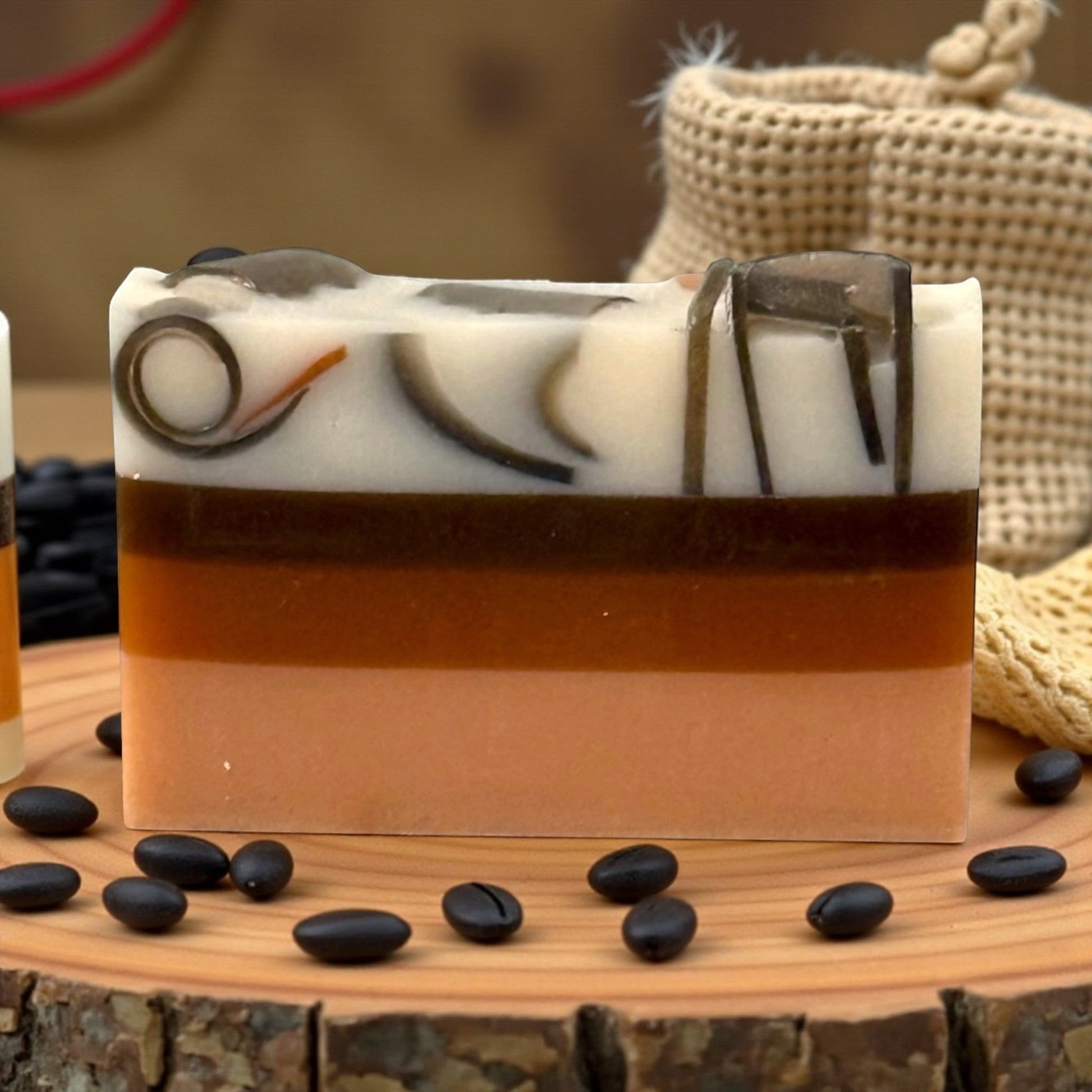 Harry’s Mama’s Faves: Lotions & Potions Hawaiian Coconut artisan handmade bar soap with layered colors and coffee beans.
