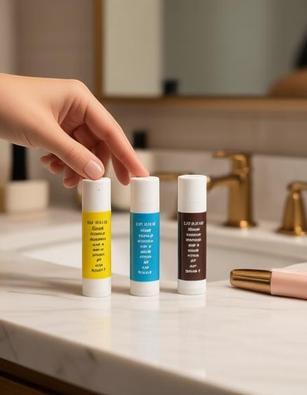Harry’s Mama’s Faves: Lotions & Potions humorous lip balm trio in yellow, blue, and brown tubes on a bathroom vanity.