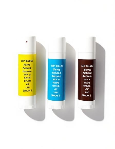 Harry’s Mama’s Faves: Lotions & Potions trio of humorous lip balms in yellow, blue, and brown tubes with witty text.