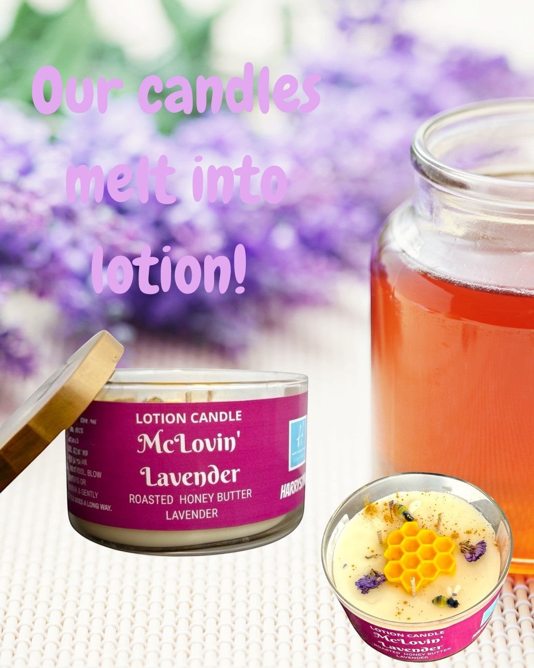 Harry’s Mama’s Faves: Lotions & Potions McLovin' Lavender lotion candle with honey comb detail and lavender buds.