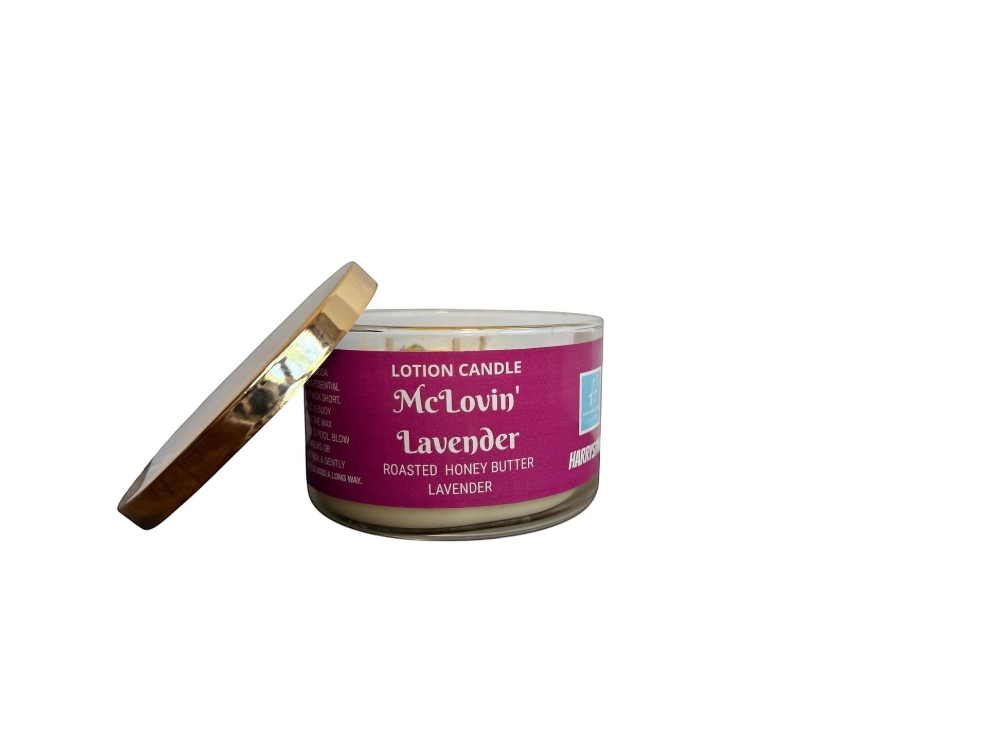 Harry’s Mama’s Faves: Lotions & Potions McLovin' Lavender lotion candle in a glass jar with a gold lid