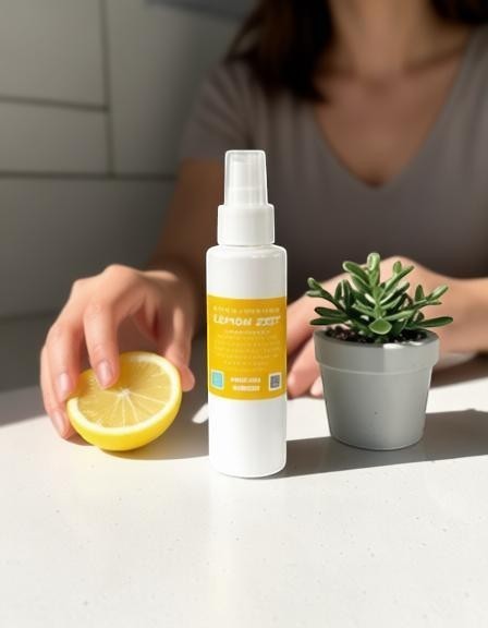 Harry’s Mama’s Faves: Lotions & Potions Lemon Zest room and linen spray in a white bottle next to a lemon slice.