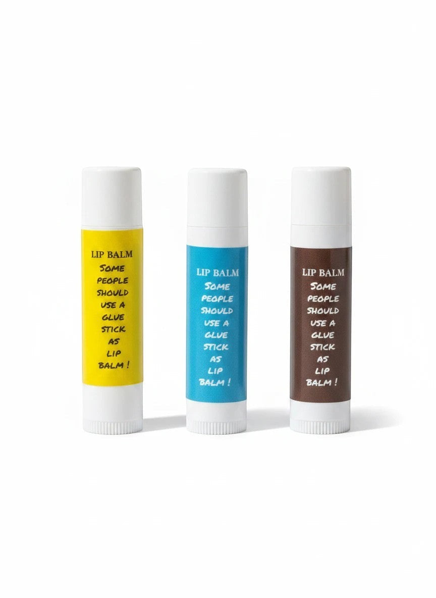 Harry’s Mama’s Faves: Lotions & Potions moisturizing lip balm trio in yellow, blue, and brown glue stick style tubes.