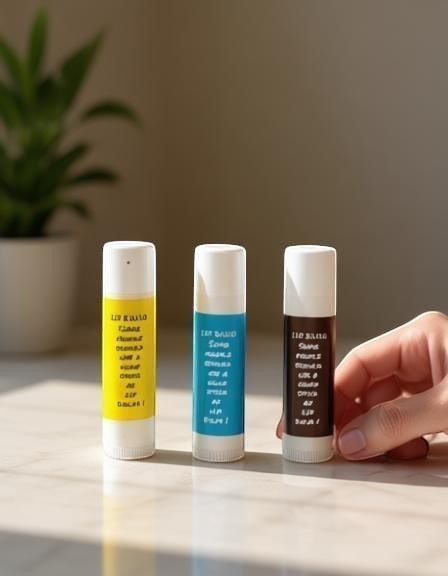 Harry’s Mama’s Faves: Lotions & Potions moisturizing lip balm trio in yellow, blue, and brown glue stick-style tubes.