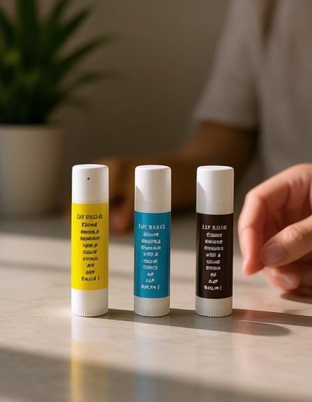 Harry’s Mama’s Faves: Lotions & Potions moisturizing lip balm sticks in yellow, blue, and black glue stick style tubes.