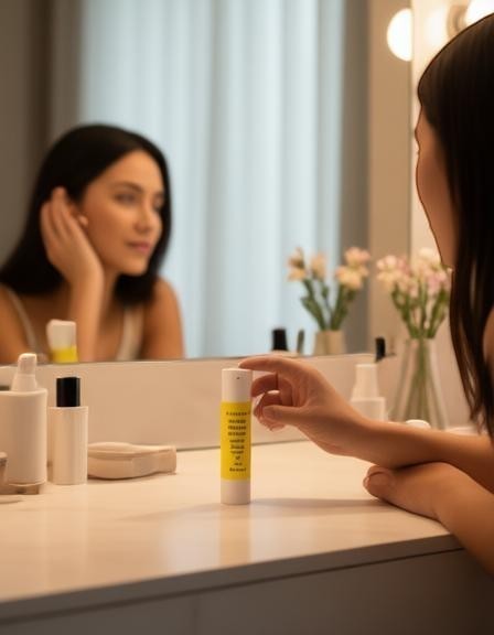 Harry’s Mama’s Faves: Lotions & Potions moisturizing lip balm stick in a yellow glue stick design on a vanity table.