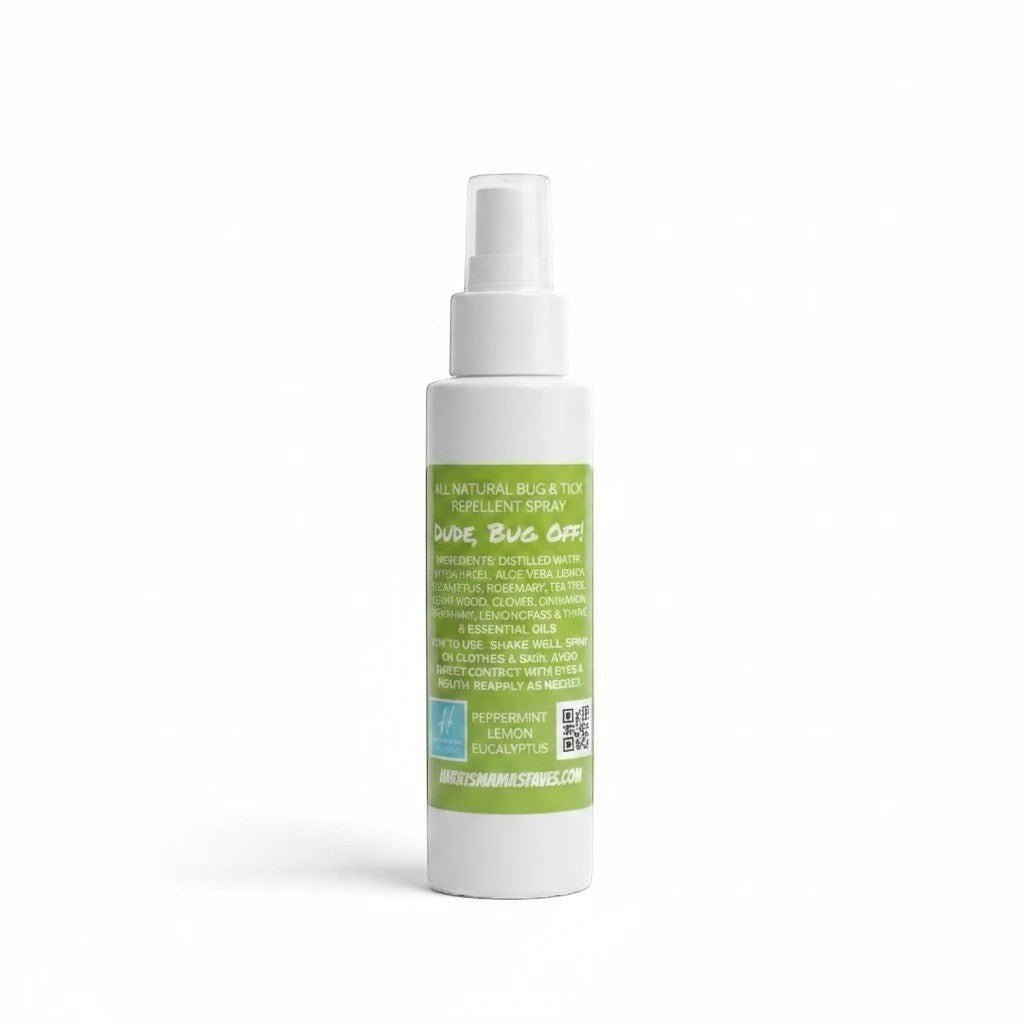 Harry’s Mama’s Faves: Lotions & Potions Dude Bug Off natural repellent spray in a white bottle with green label.