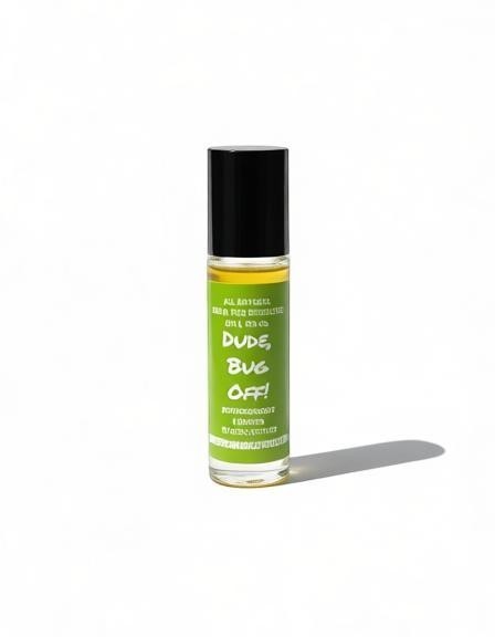 Harry’s Mama’s Faves: Lotions & Potions Dude, Bug Off! natural roll-on insect repellent in a small glass bottle.