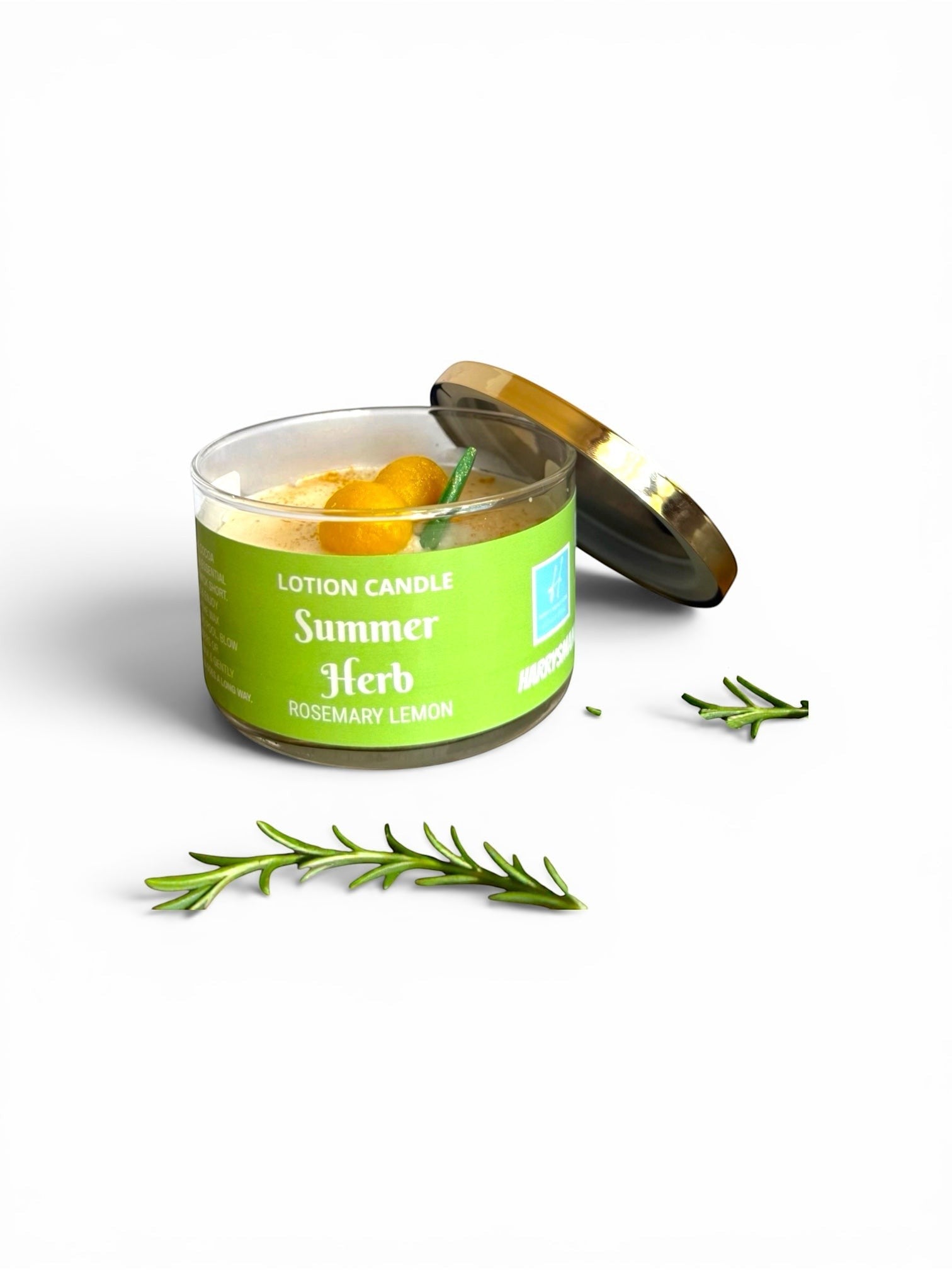 Harry’s Mama’s Faves: Lotions & Potions Summer Herb lotion candle with rosemary and lemon scent in a glass jar