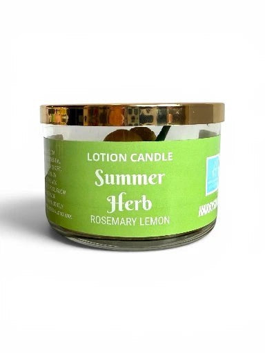 Harry’s Mama’s Faves: Lotions & Potions Summer Herb massage lotion candle with rosemary and lemon scent in glass jar