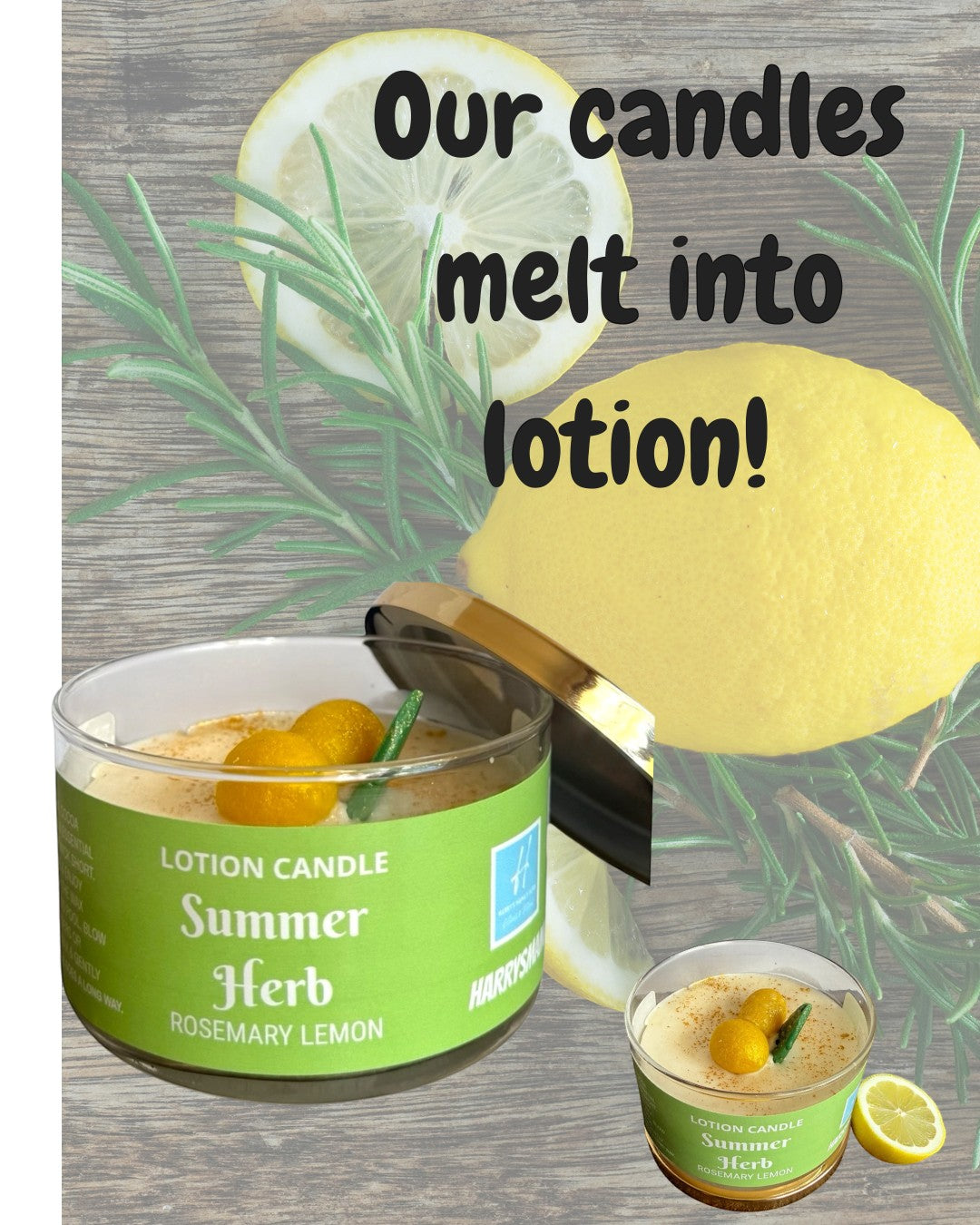 Harry’s Mama’s Faves: Lotions & Potions Summer Herb rosemary lemon massage lotion candle in a glass jar with lid.