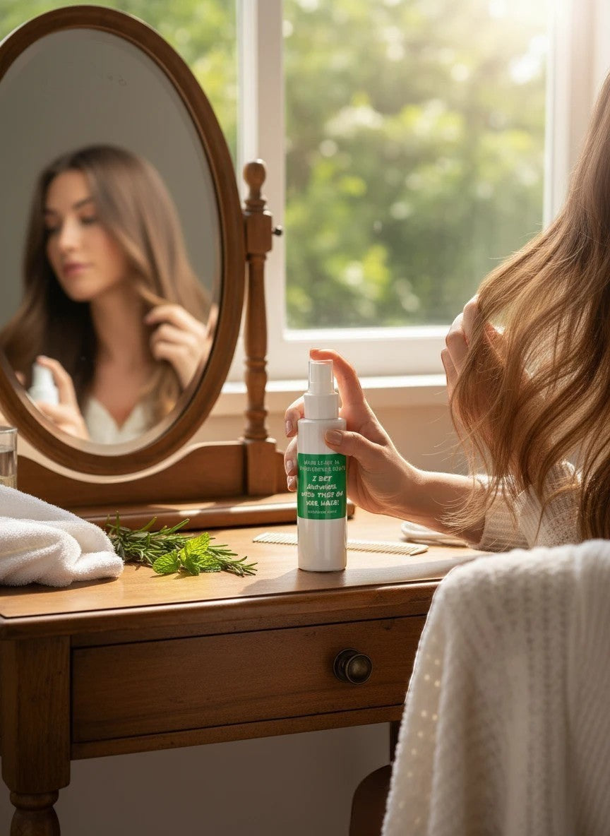 Harry’s Mama’s Faves: Lotions & Potions Rosemary Mint hair oil spray held by a woman at a vanity with fresh herbs.