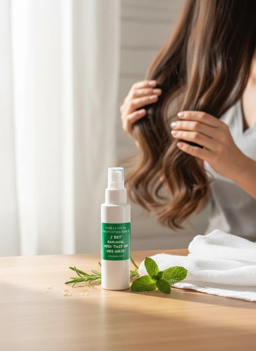 Harry’s Mama’s Faves: Lotions & Potions Rosemary Mint hair oil spray bottle on a wooden table with fresh herbs