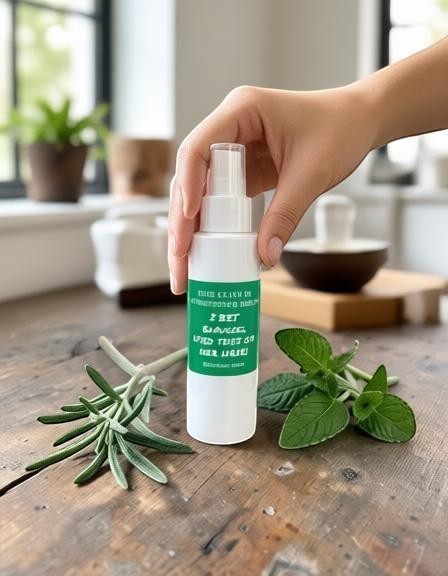 Harry’s Mama’s Faves: Lotions & Potions rosemary mint leave-in hair oil spray bottle held in a hand on a wooden table.