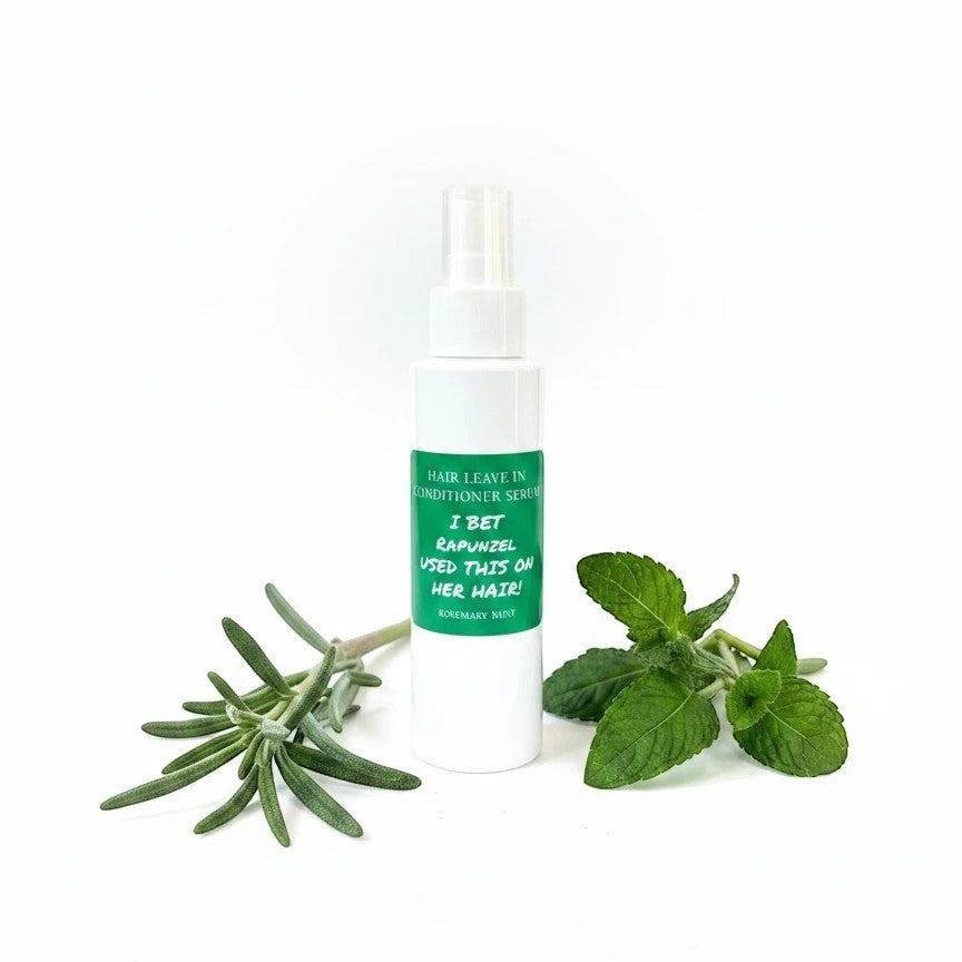 Harry’s Mama’s Faves: Lotions & Potions rosemary mint leave-in hair conditioner spray bottle with fresh herbs