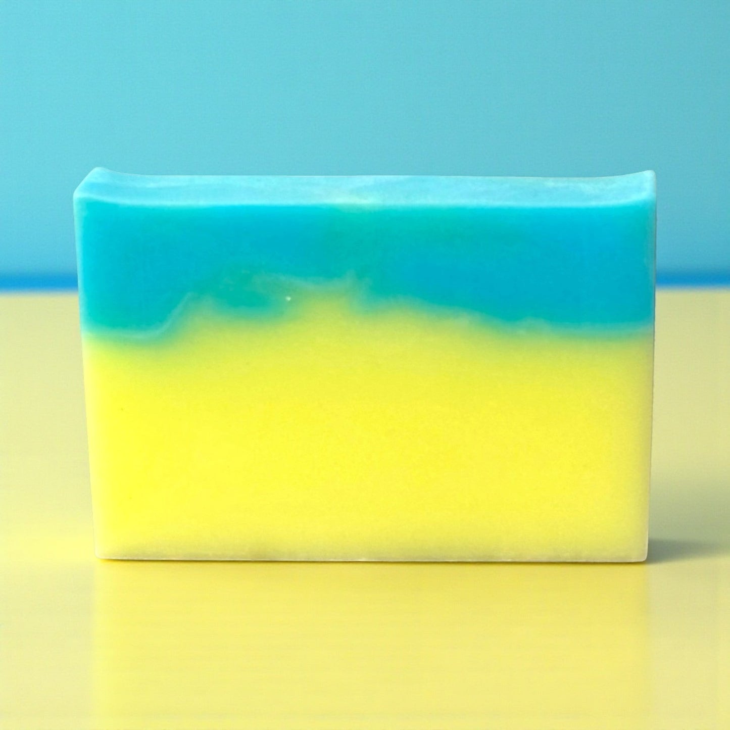 Harry’s Mama’s Faves: Lotions & Potions handmade sandalwood patchouli bar soap with blue and yellow color block design