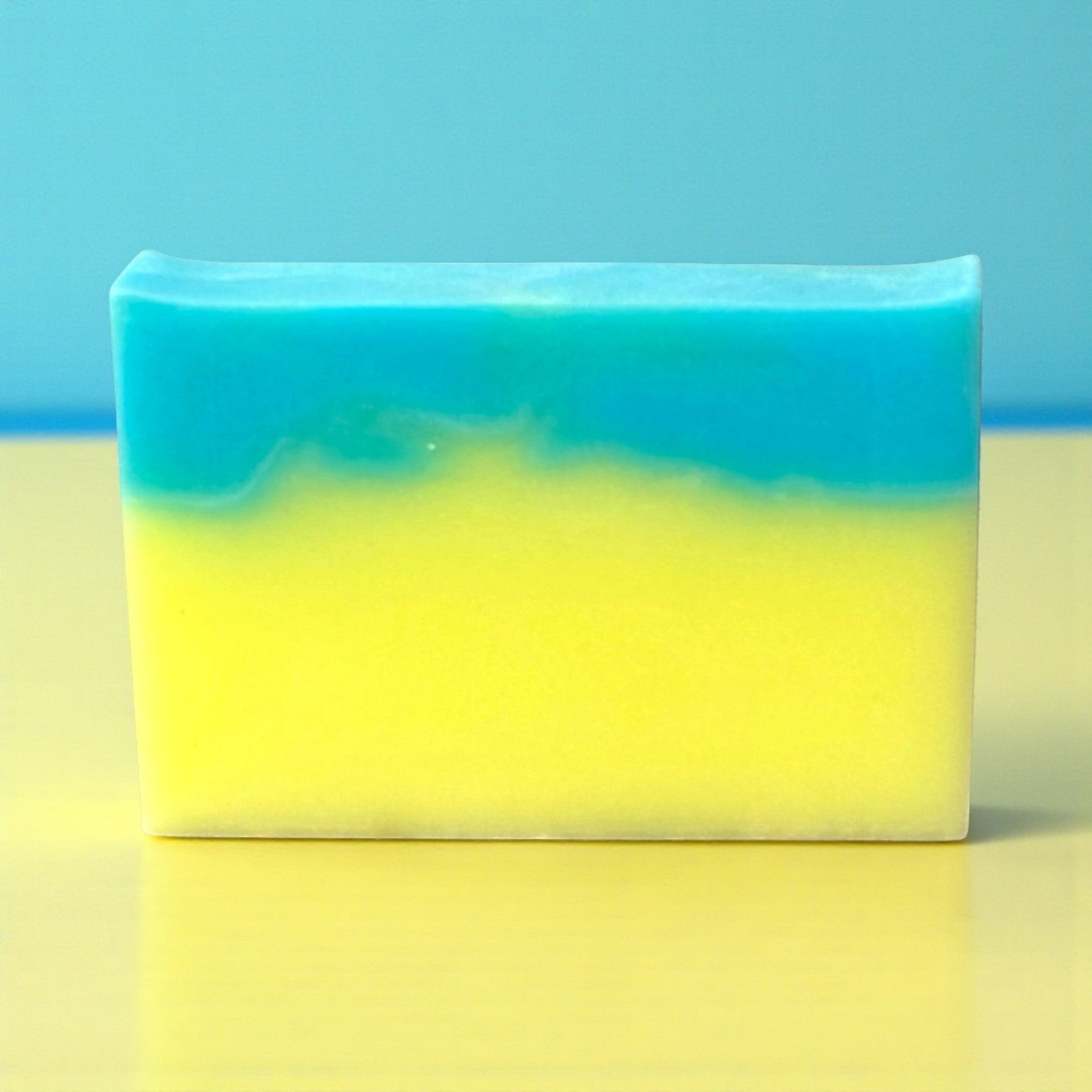 Harry’s Mama’s Faves: Lotions & Potions handmade sandalwood patchouli bar soap with blue and yellow color block design