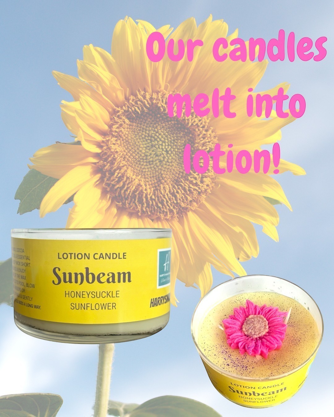 Harry’s Mama’s Faves: Lotions & Potions Sunbeam lotion candle with a decorative pink flower topper and sunflower background