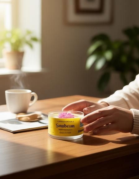 Harry’s Mama’s Faves: Lotions & Potions Sunbeam lotion candle with a sunflower topper on a sunlit wooden table.