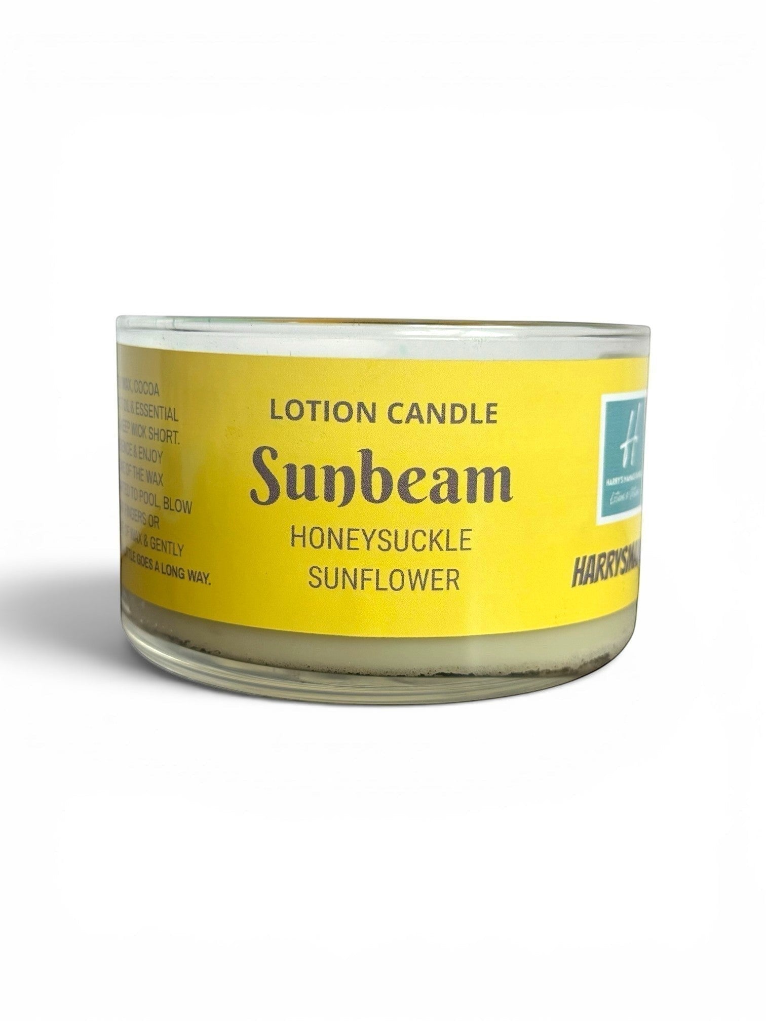 Harry’s Mama’s Faves: Lotions & Potions Sunbeam lotion candle with honeysuckle and sunflower scent in a glass jar.