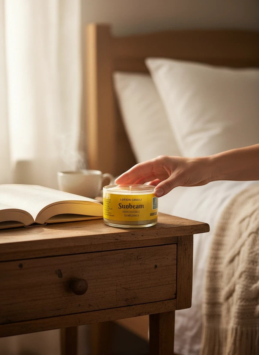 Harry’s Mama’s Faves: Lotions & Potions Sunbeam lotion candle on a wooden nightstand with a hand reaching for it.