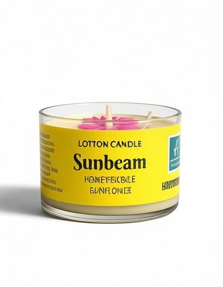 Harry’s Mama’s Faves: Lotions & Potions Sunbeam lotion candle in a glass jar with a decorative pink flower topper.