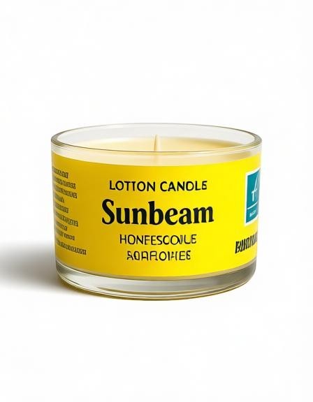 Harry’s Mama’s Faves: Lotions & Potions Sunbeam lotion candle in a clear glass jar with a bright yellow label.
