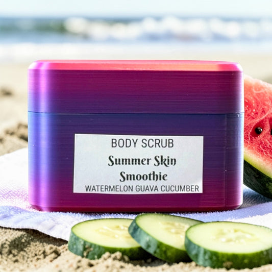 Harry’s Mama’s Faves: Lotions & Potions Volcanic Body Salt Scrub in a pink and purple container on a sandy beach.