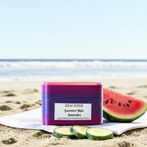 Harry’s Mama’s Faves: Lotions & Potions volcanic body salt scrub in a purple container on a beach with watermelon