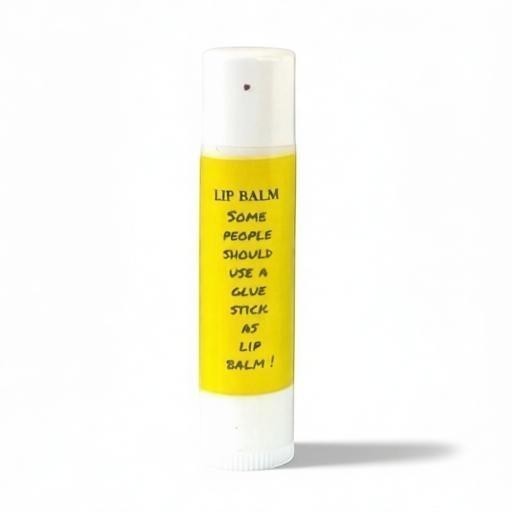 Harry’s Mama’s Faves: Lotions & Potions moisturizing lip balm in a yellow tube with funny glue stick label design