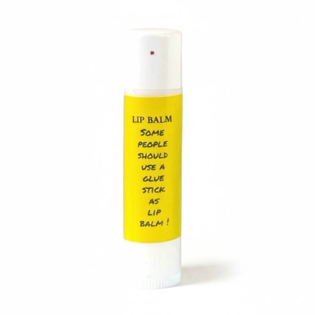 Harry’s Mama’s Faves: Lotions & Potions yellow lip balm tube with humorous text about using a glue stick